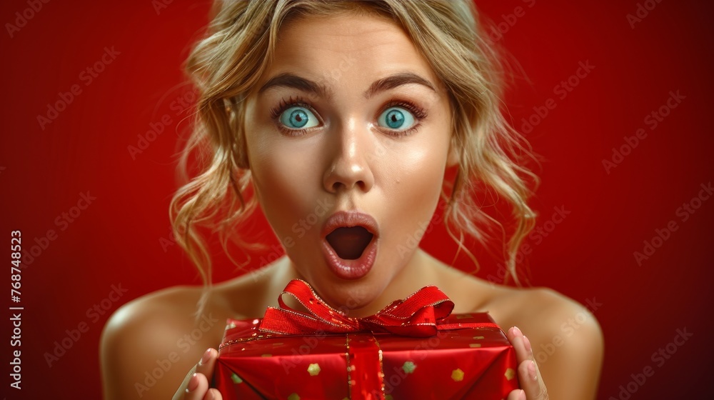 A woman is holding a red box with a big smile on her face A woman is holding a red box with a big smile on her face