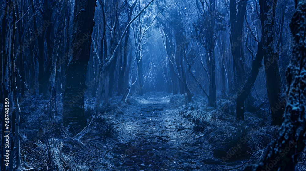 A surreal blue toned pathway through a spooky and mysterious nighttime forest scene evokes suspense - obrazy, fototapety, plakaty 