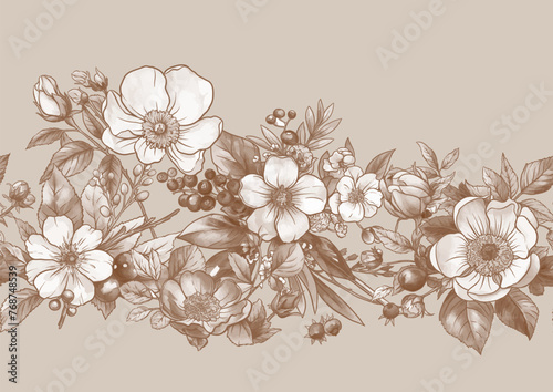 Boutonniere of wild rose flowers and berries Seamless pattern, background. Outline hand drawing vector illustration. In botanical style