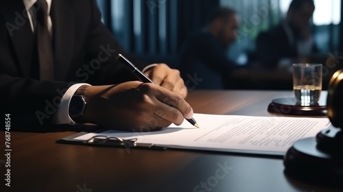 Attorney Consulting Client in Office with Legal Paperwork and Contract Signature Generative AI