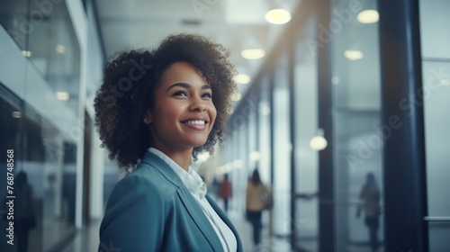 A Successful Corporate African Woman Walking in the Office with an Entrepreneurial Vision Generative AI