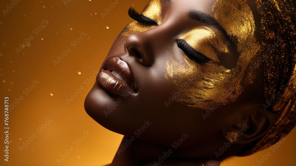 Golden African Beauty: Stunning Black Model Radiating Glow and Glitter Generative AI