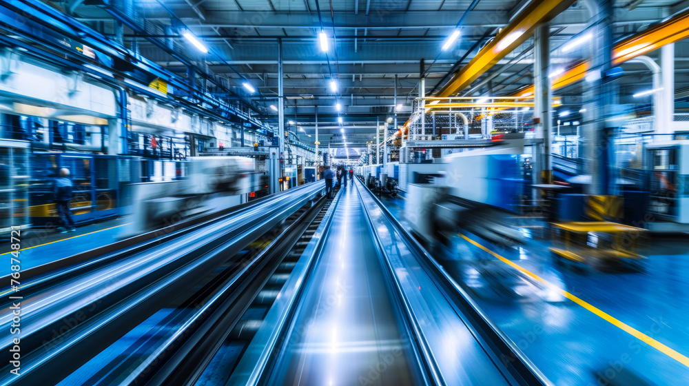 Obraz premium Fast-paced view of a bustling manufacturing plant with workers and machinery operating seamlessly