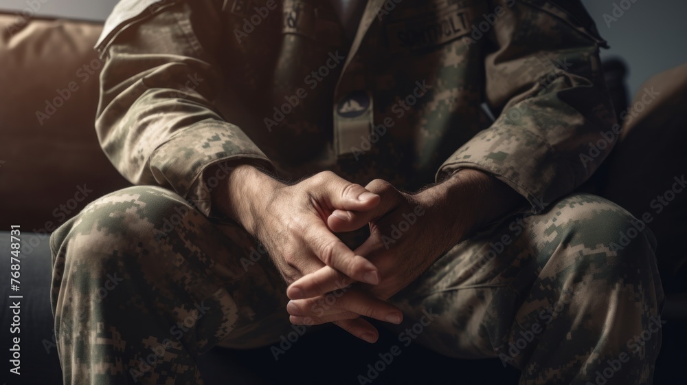 Military Man Seeking Support for Mental Health and Depression Generative AI - obrazy, fototapety, plakaty 