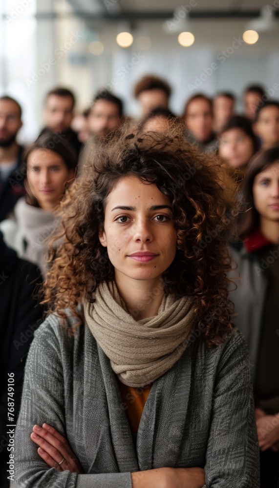 A woman with curly hair stands in front of a crowd of people A woman with curly hair stands in front of a crowd of people