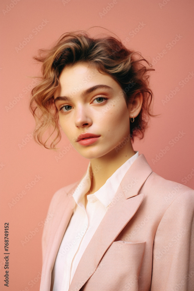Portrait of a beautiful girl with curly hair in a pink coat Portrait of a beautiful girl with curly hair in a pink coat