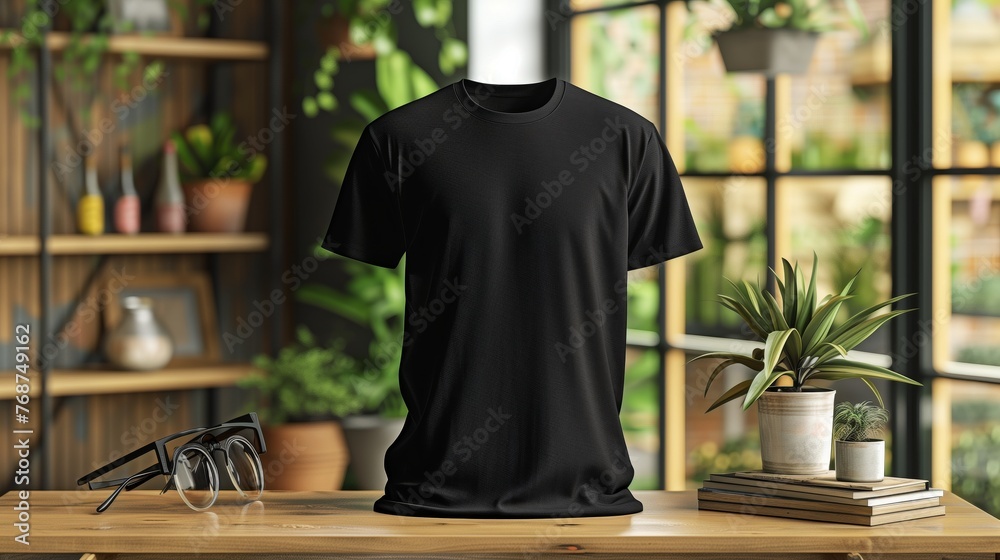 A mockup of the front view black t-shirt surrounded by props. Generated by artificial intelligence. A mockup of the front view black t-shirt surrounded by props. Generated by artificial intelligence.