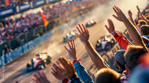 Dynamic image of high-speed racing cars passing by a crowd of ecstatic spectators during a competitive race event