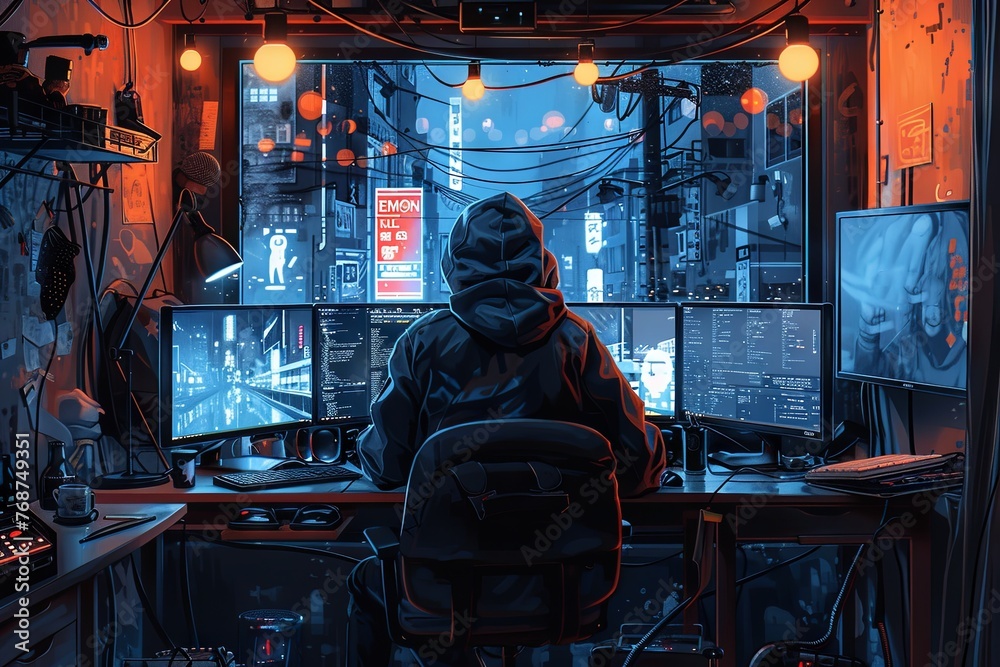 A hacker in a hoodie sitting at a desk with three monitors on it, working to break into systems of the company. The room is dark and has studio lights hanging from the ceiling. In the background there - obrazy, fototapety, plakaty 