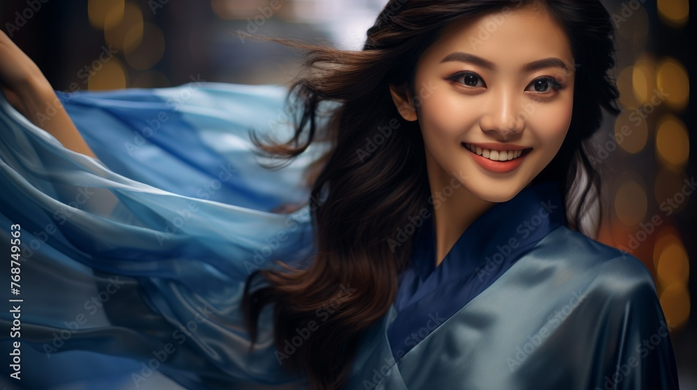 Obraz premium A woman is wearing a blue dress and holding a blue cloth