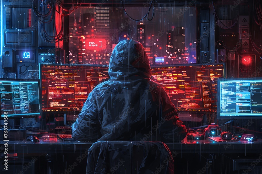 Obraz premium A hacker in a hoodie with the hood up, sitting at a computer desk surrounded by multiple monitors displaying code and data. The dark room is illuminated only by neon lights, creating an atmosphere of 
