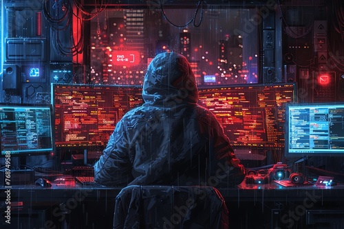 A hacker in a hoodie with the hood up, sitting at a computer desk surrounded by multiple monitors displaying code and data. The dark room is illuminated only by neon lights, creating an atmosphere of 