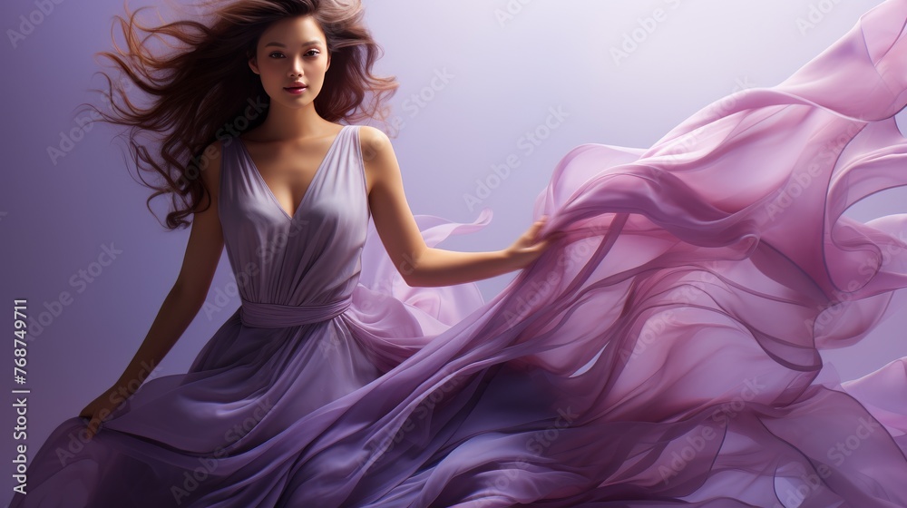 A woman is wearing a purple dress
