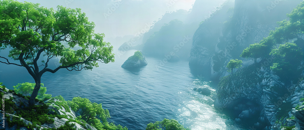 Majestic River Landscape: Breathtaking View of Natures Splendor, A Tapestry of Water and Green