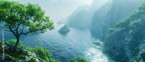 Majestic River Landscape: Breathtaking View of Natures Splendor, A Tapestry of Water and Green
