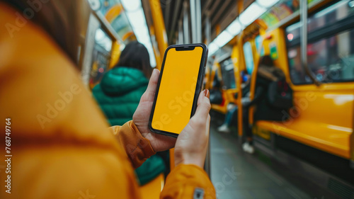 A woman is holding a phone in a subway car. Close-up photo of a girl's hand holding an iPhone inside a yellow subway car, with the focus on the phone's screen displaying a yellow screen