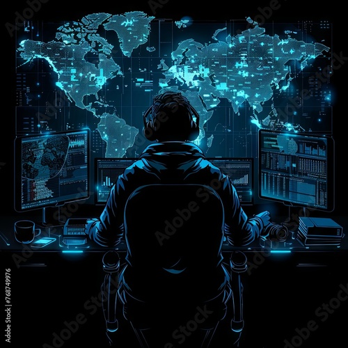 A hacker sitting at his desk in the dark with several monitors, on which he is working on an attack plan for all countries of the planet Earth, in the style of a cyber security concept illustration. G