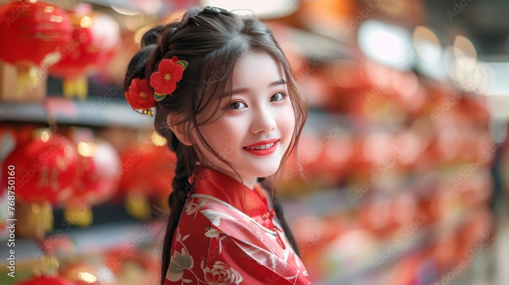 Fototapeta premium A woman wearing a red dress and a red headband is smiling