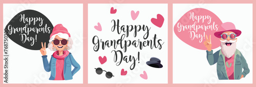 Happy Grandparents day card with sunglasses, peace sign, hearts and hat