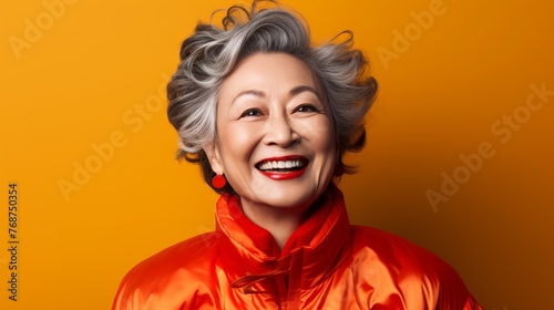 A woman in a red jacket is smiling and looking at the camera
