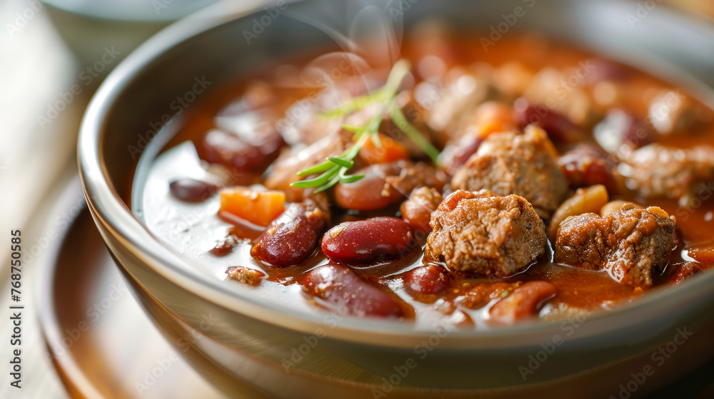 Close-up of a delicious beef and bean chili, garnished with fresh herbs, perfect for a cozy meal Close-up of a delicious beef and bean chili, garnished with fresh herbs, perfect for a cozy meal