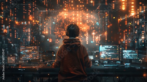 Cinematic shot of a person sitting in front of a computer surrounded by glowing numbers, with a data stream coming from the screen and filling the room in a black background, in the style of matrix co