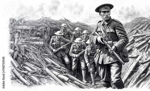 WW1 soldier bravely leading his soldiers through a muddy battlefield	- vintage illustration photo