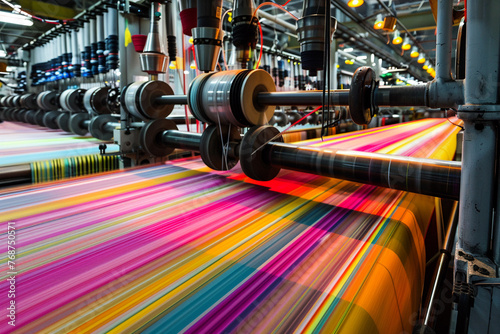 Large-scale textile machines weaving, a colorful testament to the enduring textile manufacturing industry. photo