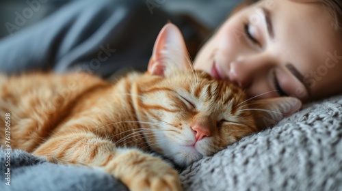 Woman Cuddling Cat on Lap