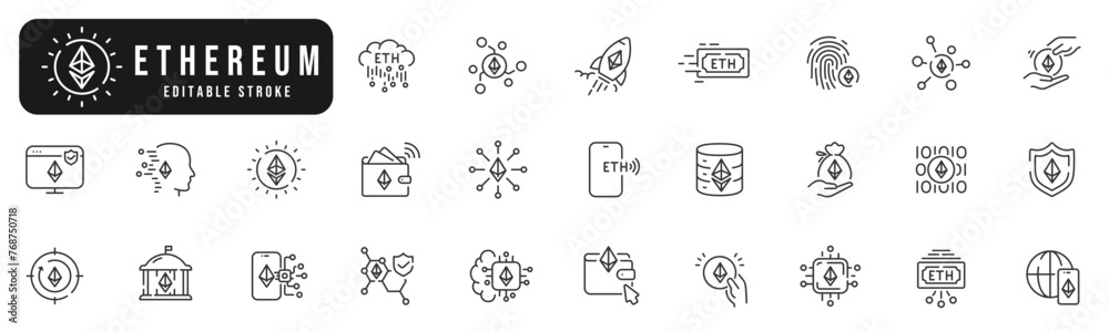 Set of ethereum line icons. Coin, crypto, money, computer, finance, wallet etc. Editable stroke