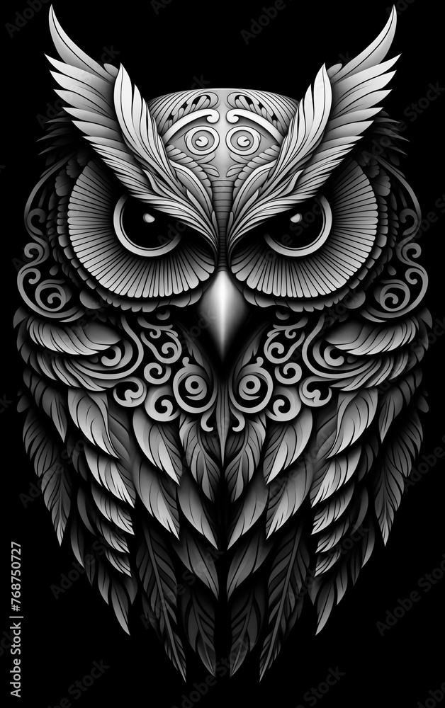Modern drawing of an owl. Black and white art style illustration. Modern drawing of an owl. Black and white art style illustration.