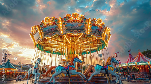 long exposure of carousel at a fair park on a sunset, summer time outdoor activity, summer fun