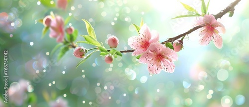 Peach blossoms bloom in the garden Beautiful branch on blurred garden background Close up spring nature theme Selective focus Image with water drops
