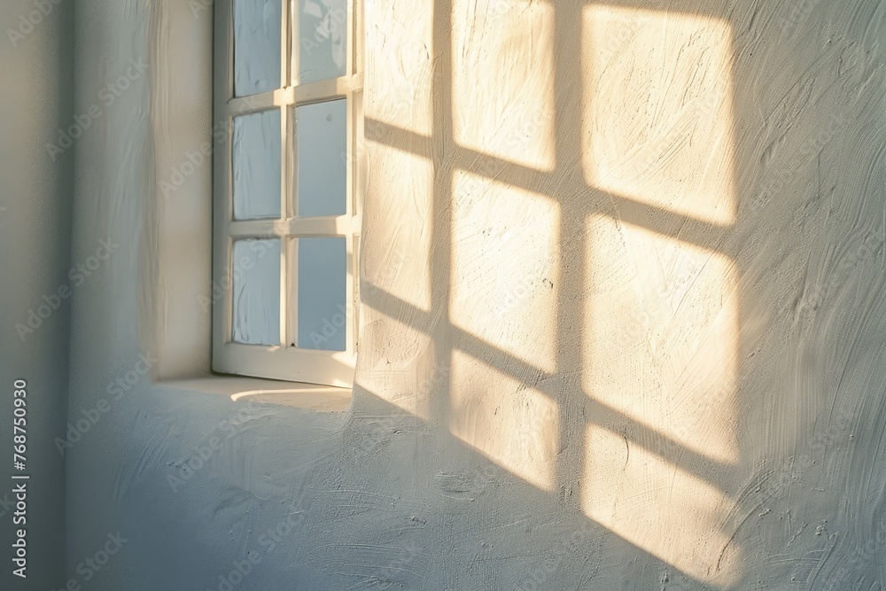 Fototapeta premium The shadow of a window frame on a white wall during sunrise minimalist elegance