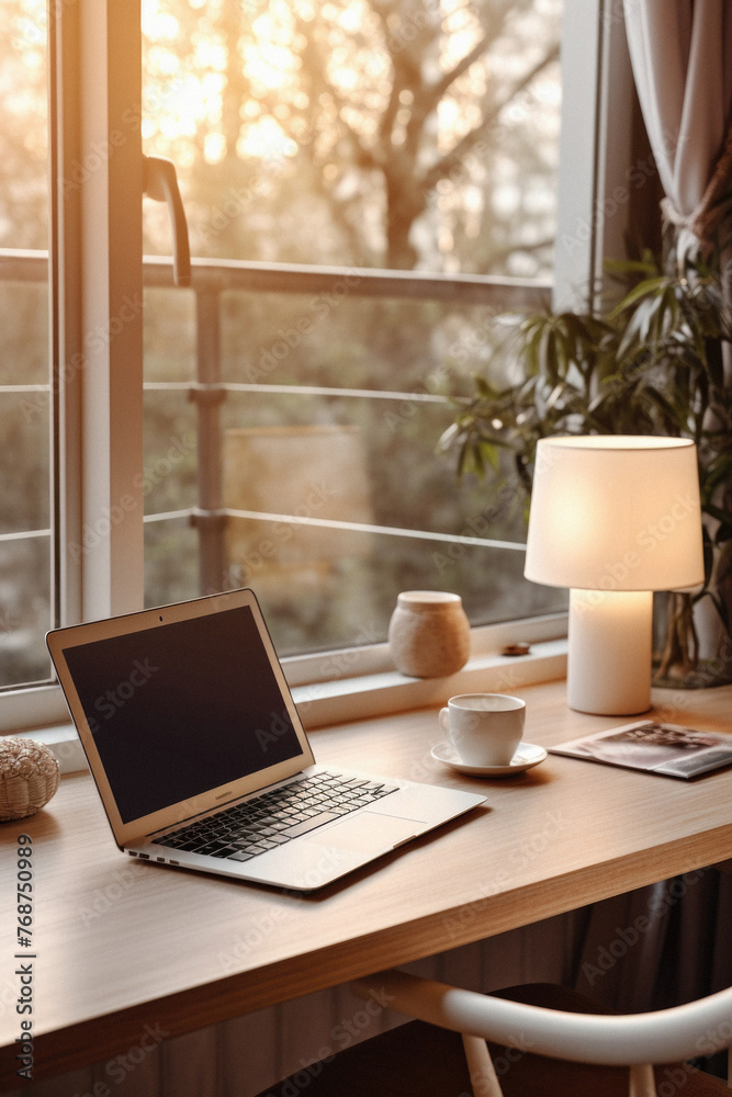 Fototapeta premium Workplace with laptop and coffee cup on table near window in cafe