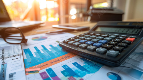 Macro view of a calculator, budget books, and a background of recession graphs, signifying financial planning in crisis