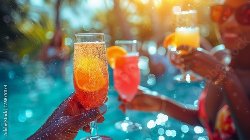 Group of People Holding Drinks by Swimming Pool