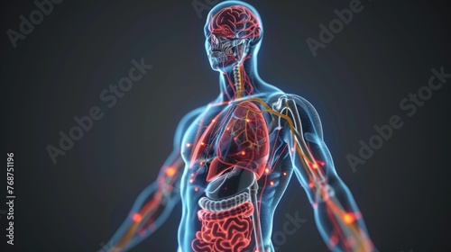 3D model of a body highlighting metabolic syndrome factors, interactive health education