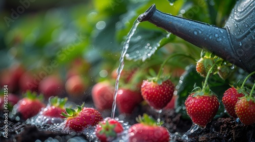 Watering Can Pouring Water on Strawberries