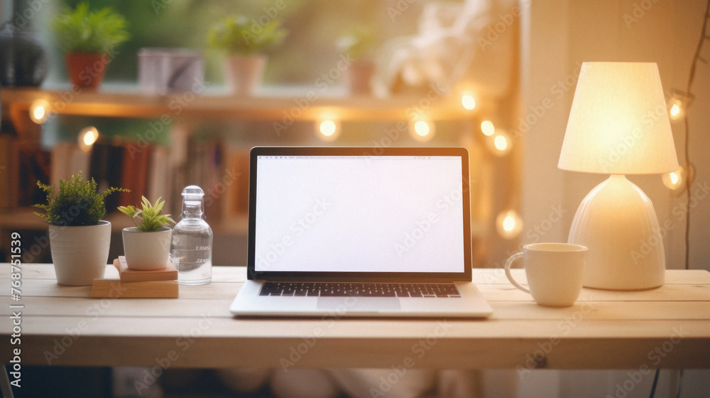 Mockup image of laptop with blank white screen and coffee cup on wooden table Mockup image of laptop with blank white screen and coffee cup on wooden table