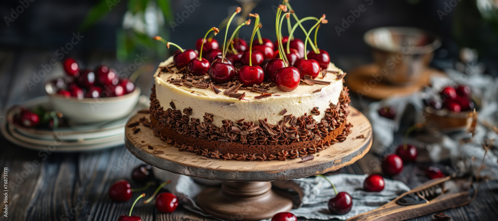 Cherry-Topped Cake on Wooden Table