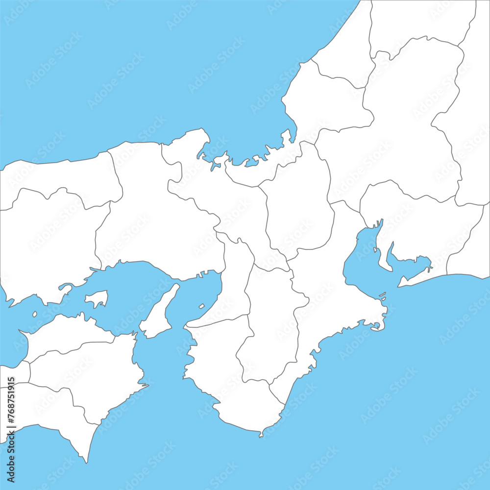 近畿地方・関西地方周辺のシンプルな白地図、県の境界入り