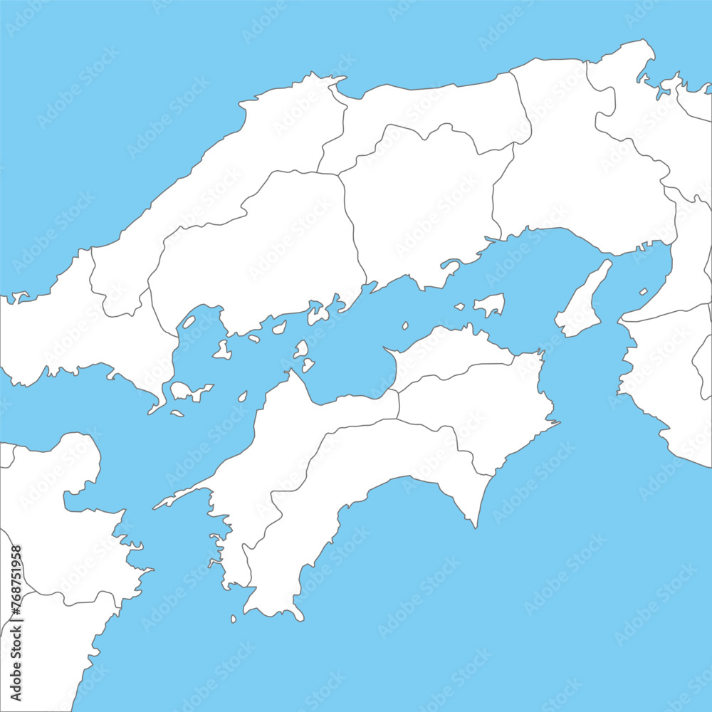 四国地方周辺のシンプルな白地図、県の境界入り