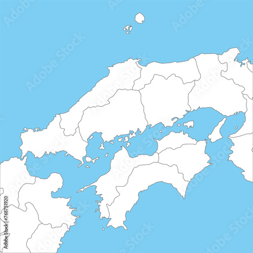中国・四国地方周辺のシンプルな白地図、県の境界入り