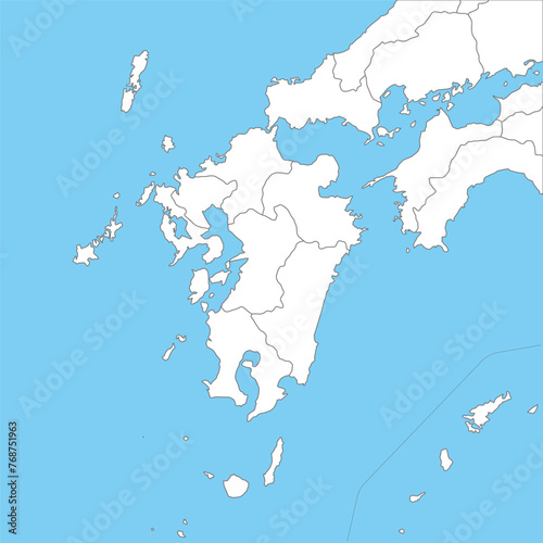 九州地方周辺のシンプルな白地図、県の境界入り