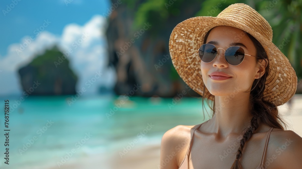 Woman in Hat and Sunglasses on Beach