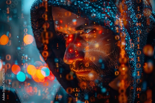 Hacker in hoodie with laptop and code background double exposure. Cyber attack concept, online security in the style of code background double exposure. Generative AI