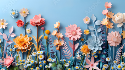 Paper shaped flower bouquet isolated on pastel background. Spring card woman's day, 8 march, Easter, mother's day, birthday card, anniversary