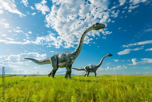 Majestic Dinosaurs Roaming the Lush Triassic Landscape Under the Expansive Sky