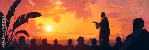 The Preacher Illuminated by the Warm Glow of the Sunset Addressing a Gathered Crowd in a Serene Tropical Setting photo